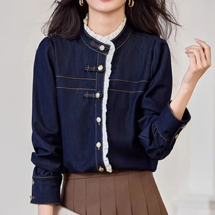 

Stylish Women Denim Shirt Button Up Blouse with Lace Trim for Spring Autumn denim shirts