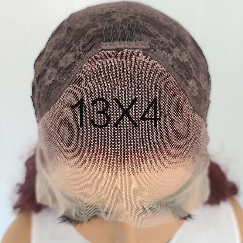 Pelucas delanteras de encaje sintético 13x4 con ondas de agua de color rojo vino, pelo de fibra resistente al calor de alta calidad, separación libre para pelucas de mujeres negras