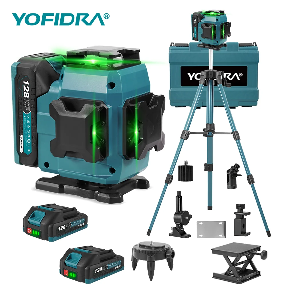 Livella Laser 4D YOFIDRA a 16 Linee, Autolivellante, Raggio Verde Ultra Potente, 360° Orizzontale e Verticale, Compatibile con Batteria Makita 18-21V