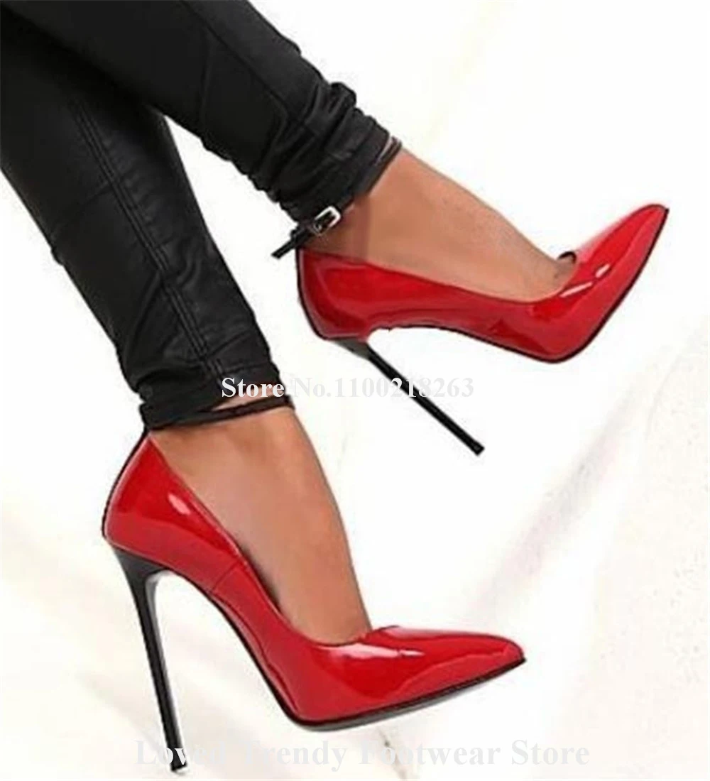 Classical Style Patchwork Ankle Straps Thin Heel Pumps Pointed Toe Patent Leather Red Beige Stiletto Heel Dress Shoes Big Size