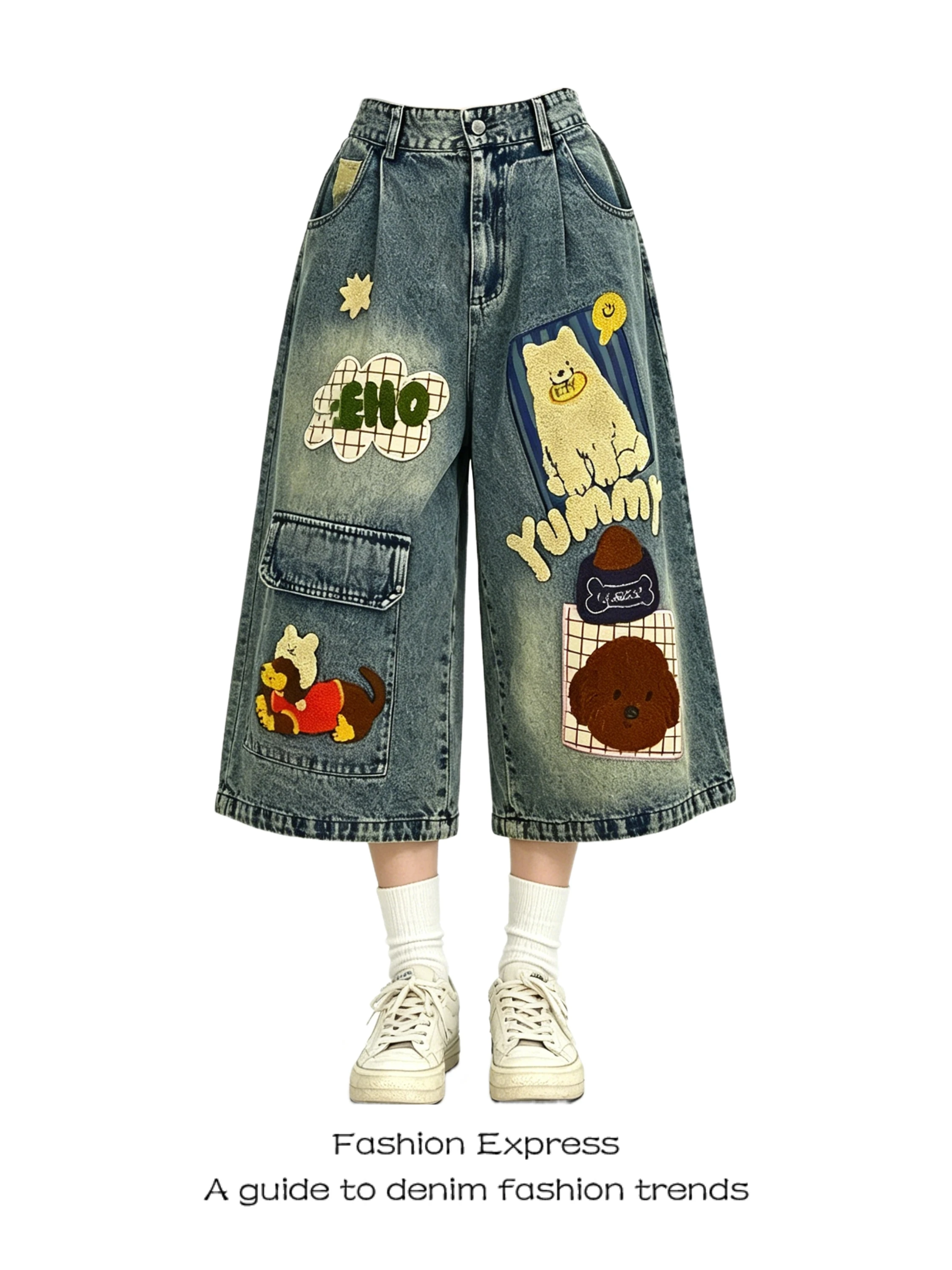 

American Style Worn-look Denim Shorts Casual High-waist Wide-leg Pants Cartoon Dog Embroidery Towel Loose Fit Summer Jeans