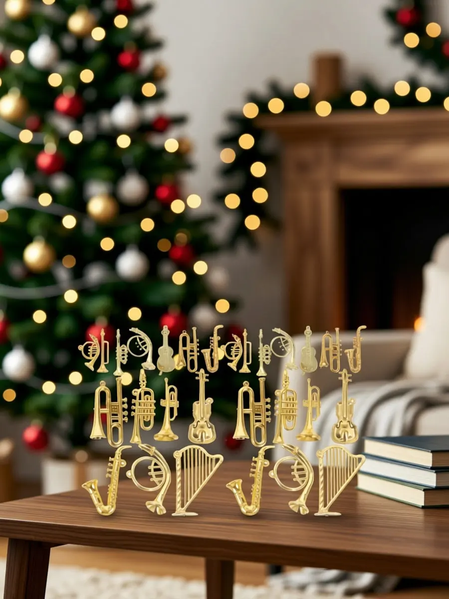 28Pcs Miniature Musical Instrument Tree Decorations Festive Artistic Tiny Trumpet Violin Flute Piano for DIY Craft Holiday Home