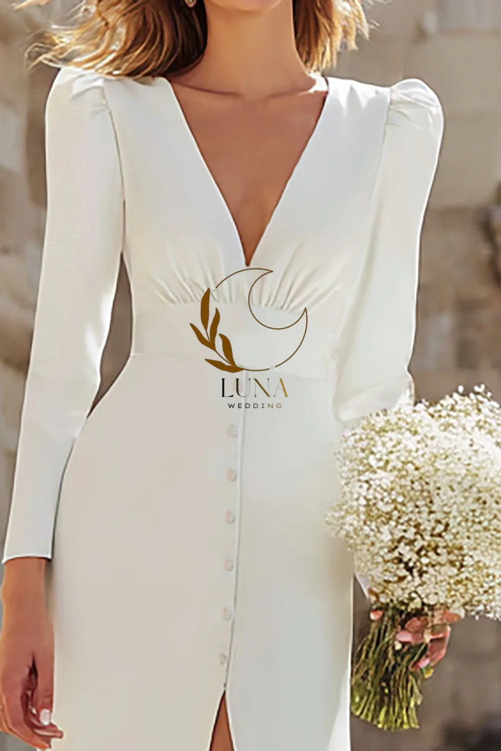 Luna Customized V-Neck Long Sleeves Sheath Floor Length Wedding Dress with Slit