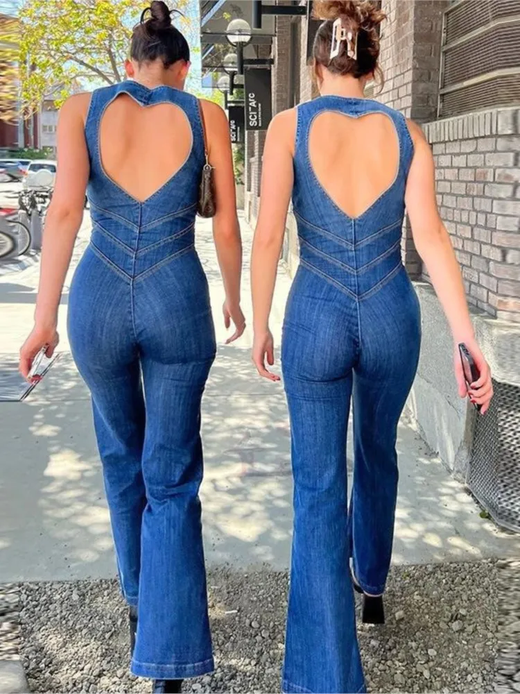 Jumpsuit Denim Menyala Mikro Pinggang Tinggi Punggung Terbuka Tanpa Lengan Seksi Modis Slim Fit Baru Musim Panas Wanita