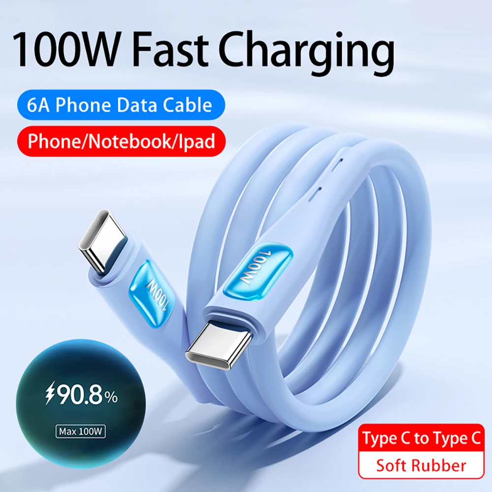 100W 6A Type-C to Type-C Fast Charging Cable  Data Sync Transfer for iPhone  MacBook Android USB Cable Soft Liquid Silicone