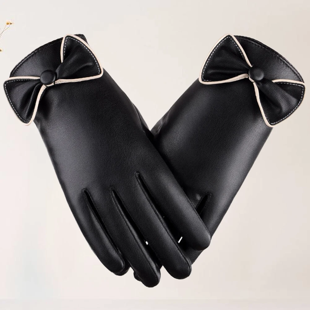 

1 Pair Of Women Winter Pu Touch Screen Gloves Thicken Warm Windproof Bow-Knot Gloves For Outdoor Indoor Sport Hand Protection
