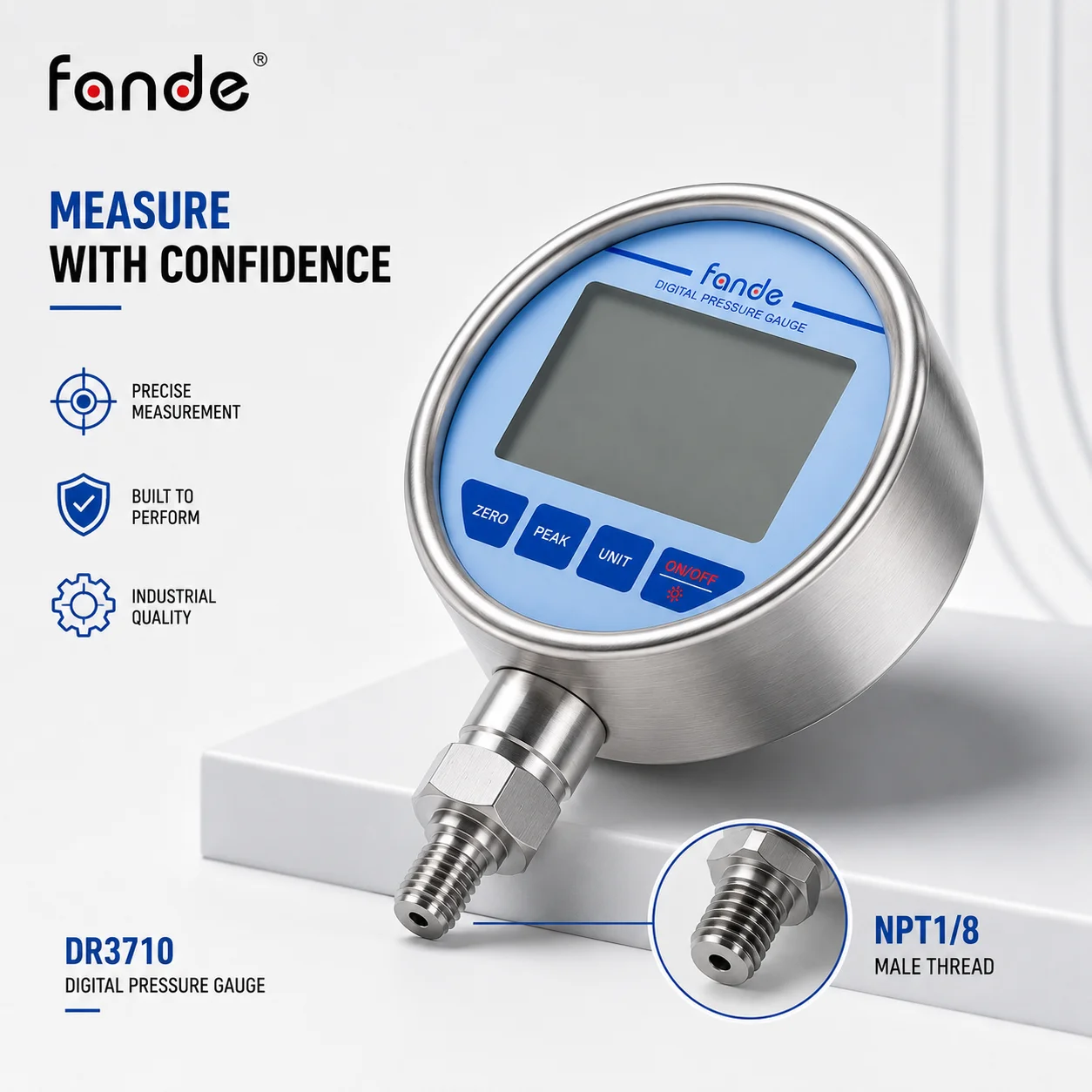 Accurate Digital Pressure Gauge NPT1/8 100MPa ±0.1%FS High Resolution LCD IP65 SUS304 Stainless Steel for Hydraulic Systems