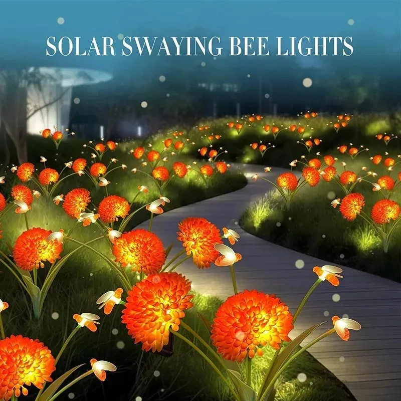 Waterproof Solar Flower Garden Lights with Bee Firefly Effect LED Stake Lamp Outdoor Yard Lawn Patio Landscape Decoration