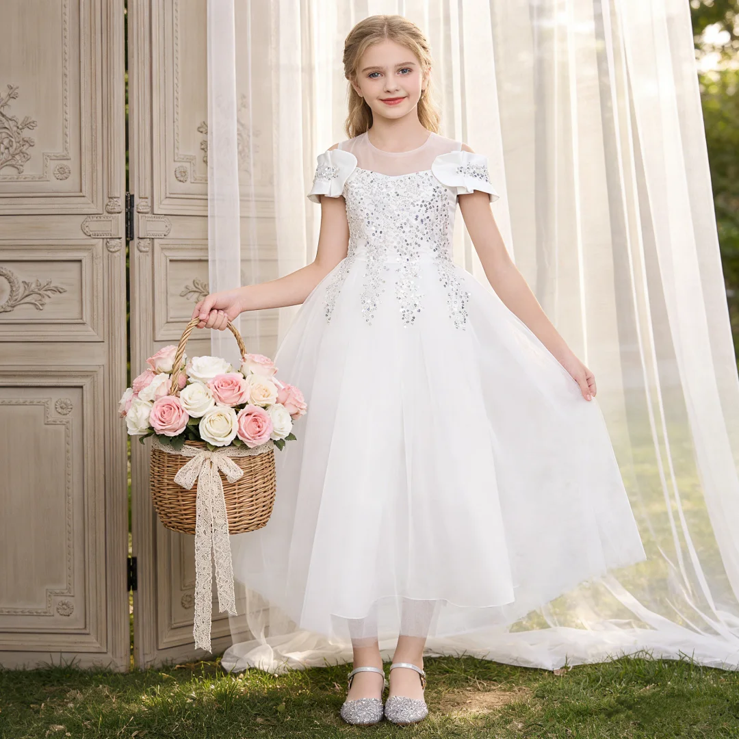 Flower Girl Wedding Dress Season Girl Princess Dress Birthday Performance Party Stage Piano Host Sparkling Dress
