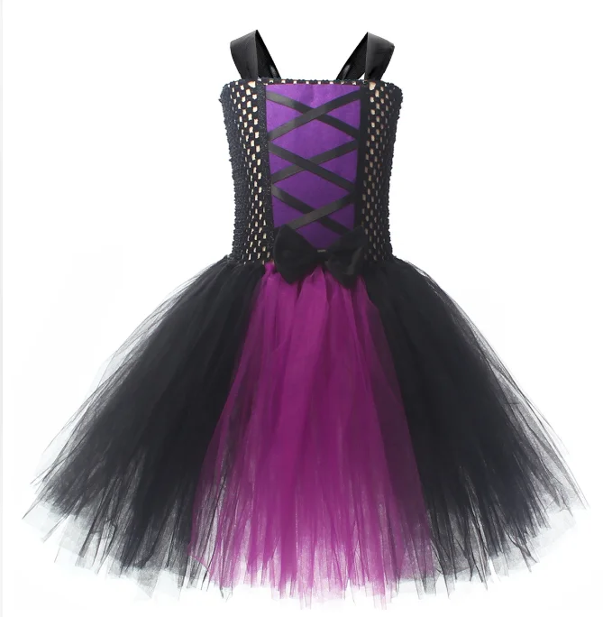 Purple Black Contrast Color Witch Mysterious Gothic Style With Pointed Mesh Hat Broom Children Halloween Masquerade Party Outfit