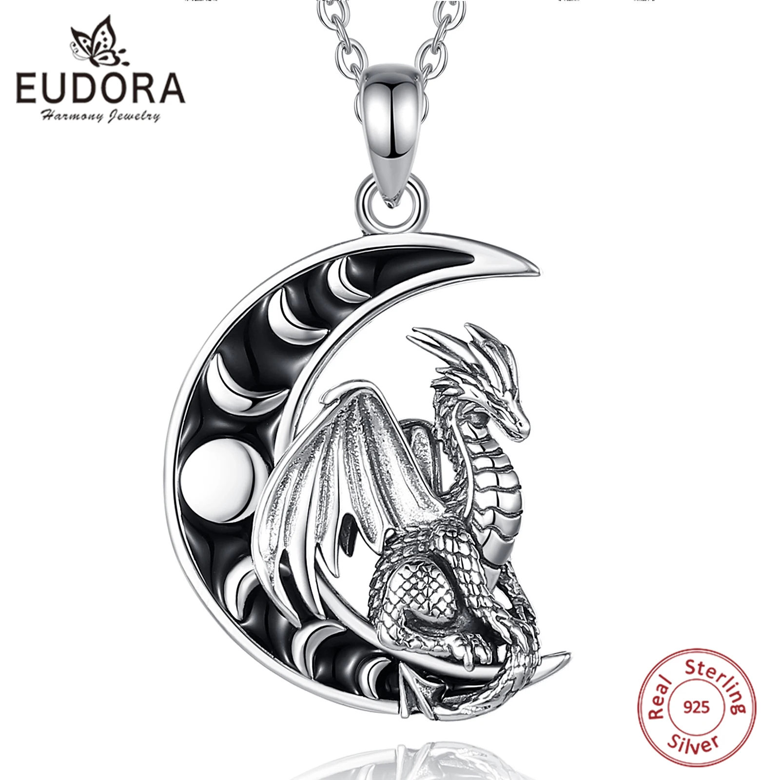 

Eudora 925 Sterling Silver Viking Dragon Necklace Celestial Moon Phase Amulet Pendant Wicca Spiritual Jewelry Gift for Men Women