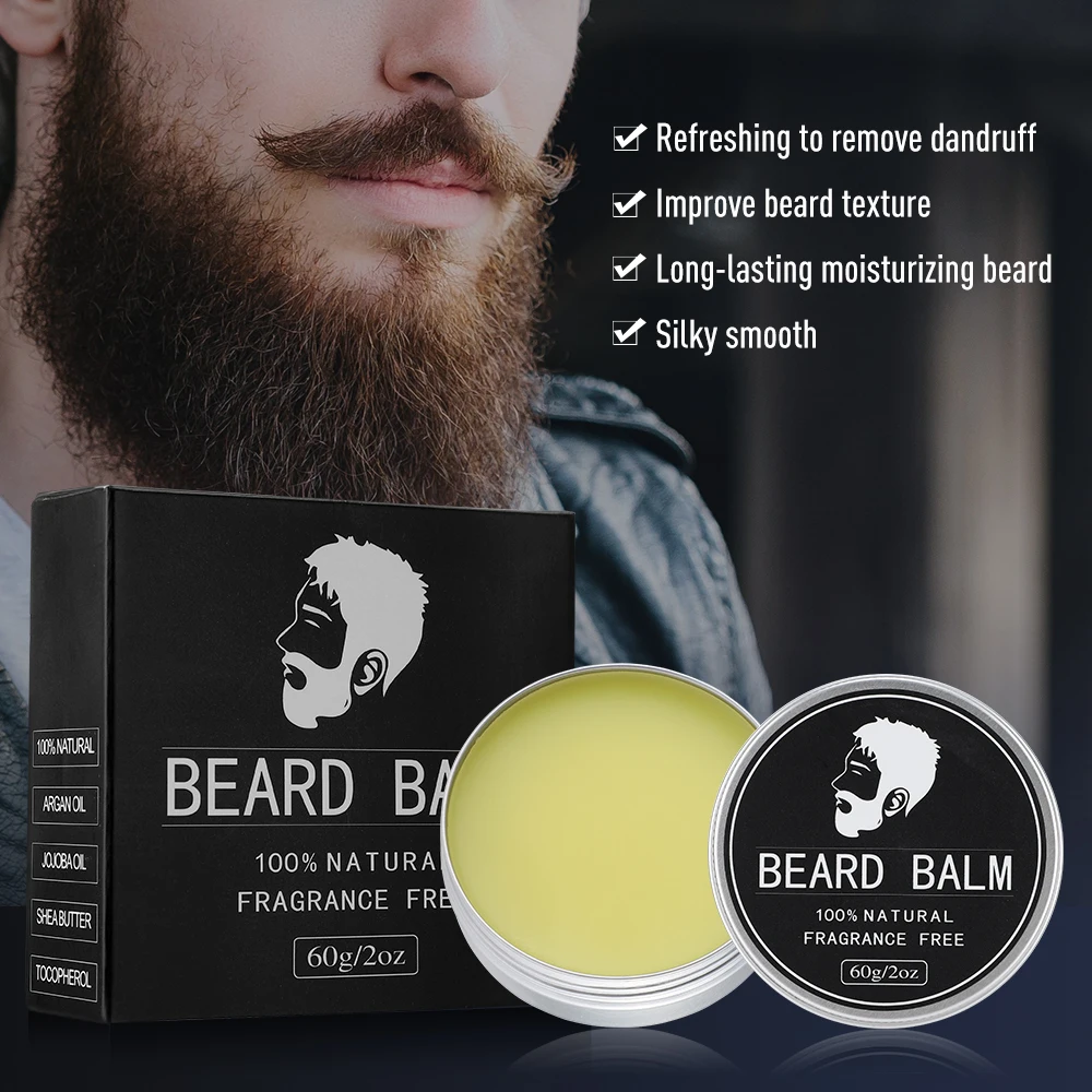 Bálsamo de cera orgánica Natural para Barba para hombres, cuidado del bigote, cuidado del cabello, acondicionador de barba, alisado hidratante de estilo, 60g