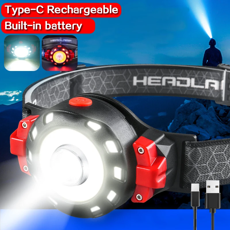 

Portable XPE+COB Headlamp USB Rechargeable Headlight with Red Warning Light Outdoor Fishing Head Lamp Camping Head Front Light