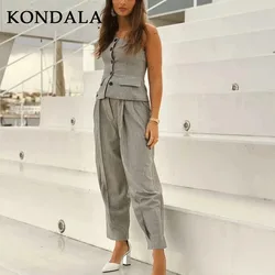 KONDALA 2026 Spring Summer Women Vintage Solid Suits Fashion Casual Skew Collar Sleeveless Button Vests+Straight Pencil Pants