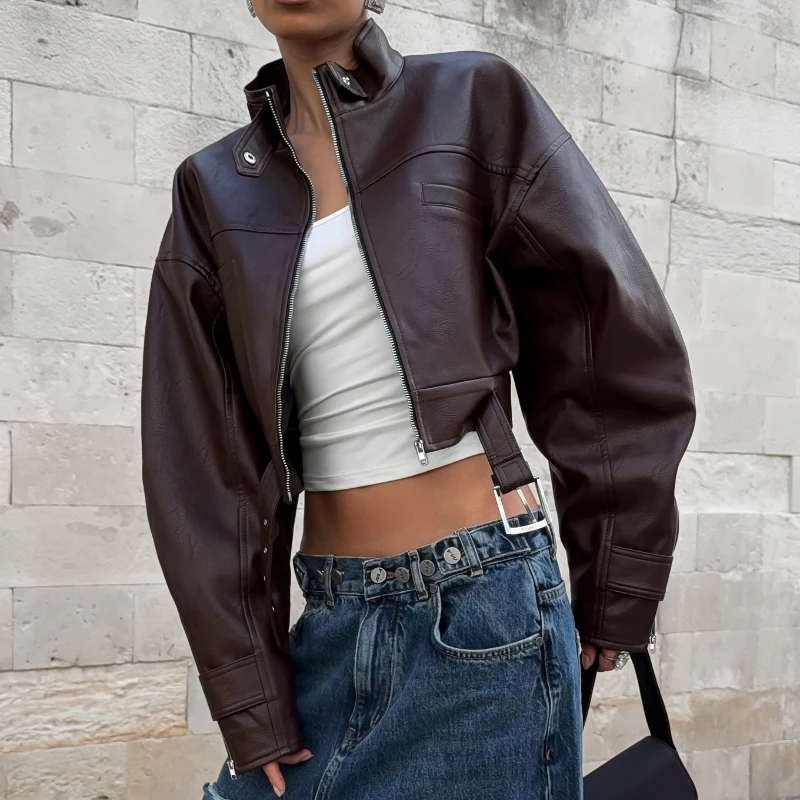 TARUXY, chaqueta holgada de cuero PU con cuello levantado, moda para mujer, hebilla de Metal, bolsillo con cremallera, empalme, abrigo corto de calle para Otoño e Invierno