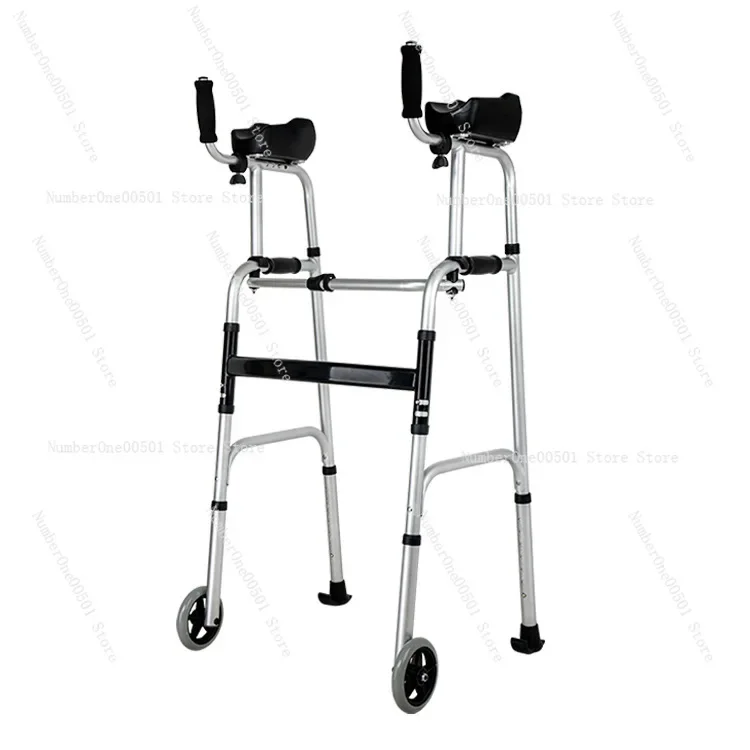 

Walker with Wheel with Seat Aluminum Alloy Disabled Four-legged Crutches Rehabilitation Aid Walker with Arm Drag Walker