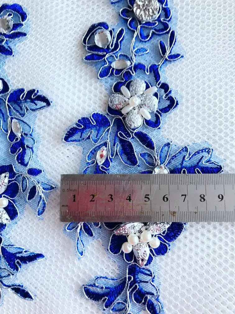 Hand-beaded Silver Rhinestone Royal Blue Lace Trim Haberdashery Pattern Matched Bridal Lace Appliqued Accessories