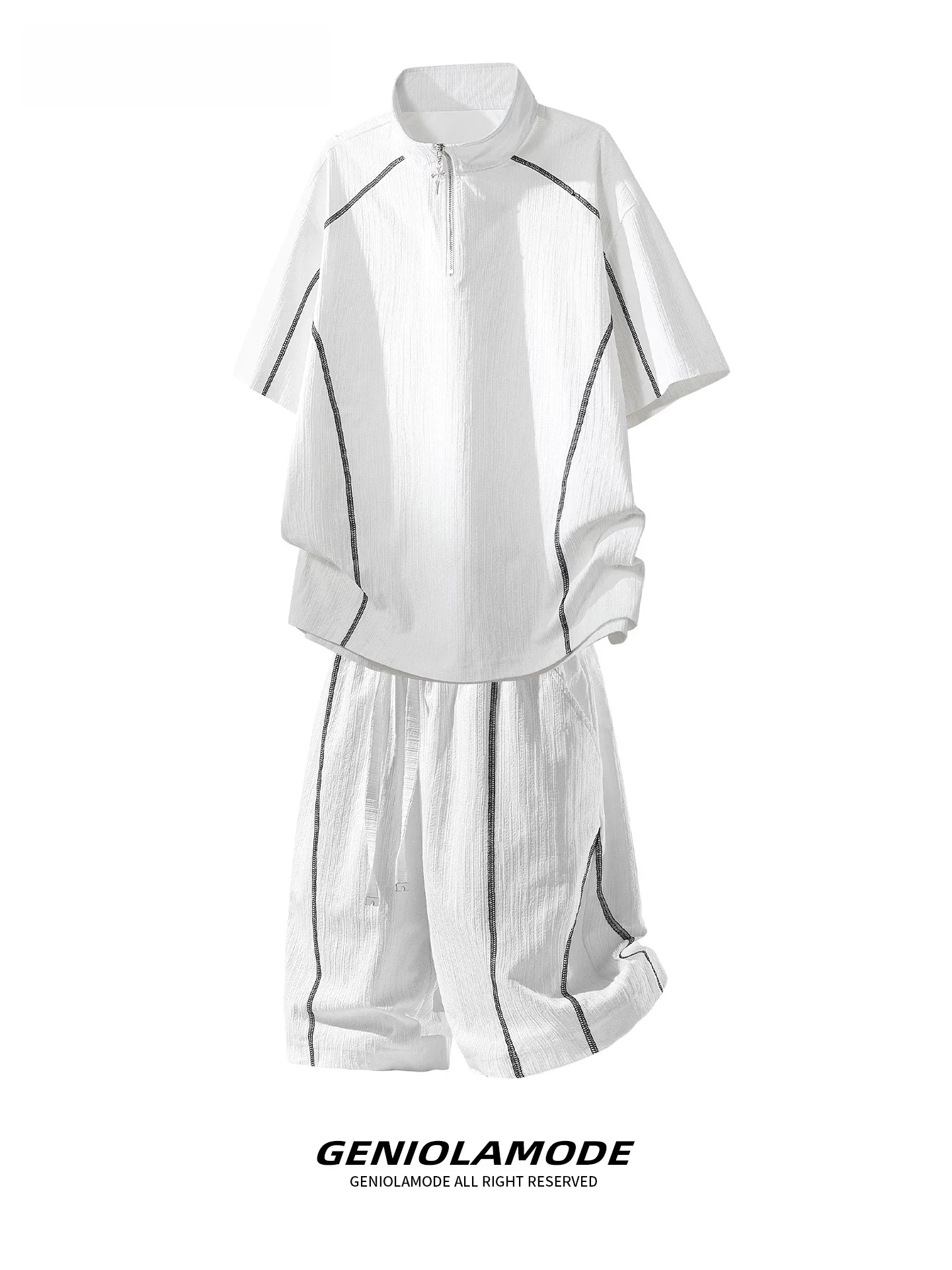 Conjunto de Camiseta de Manga Curta com Zíper e Calças de Seda Gelada Genio Lamode Tamanho Grande para Homens, Novo Conjunto Casual de Verão