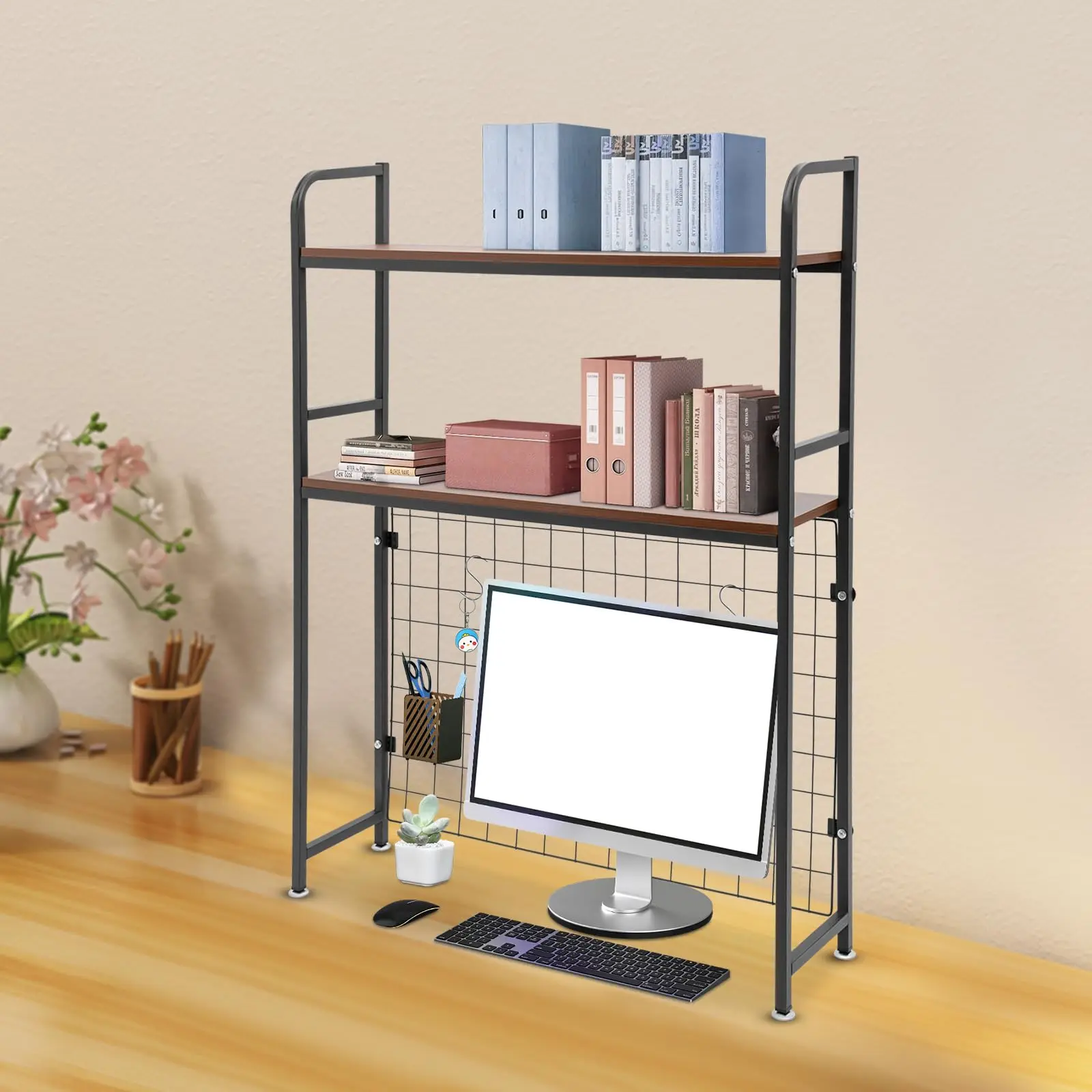 Estante de mesa, 29.53 "prateleira organizadora de mesa preta gaiola para mesa de computador prateleira de mesa de 2 camadas multifuncional freestand
