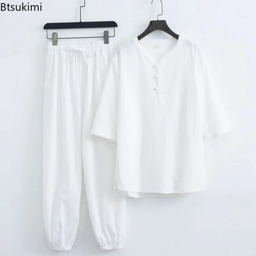 New Men's Cotton Linen Sets Chinese Style Solid Short Sleeve Pants Two Pieces Traditional Clothes Kung Fu Uniform Tang Suit Male - Image 3