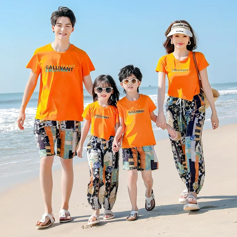 

Family Matching Sets Mom Daughter Pants and T Shirt 2 Pieces Suit Dad Son Tops Shorts Two Piece Outfits Parent-child Clothing