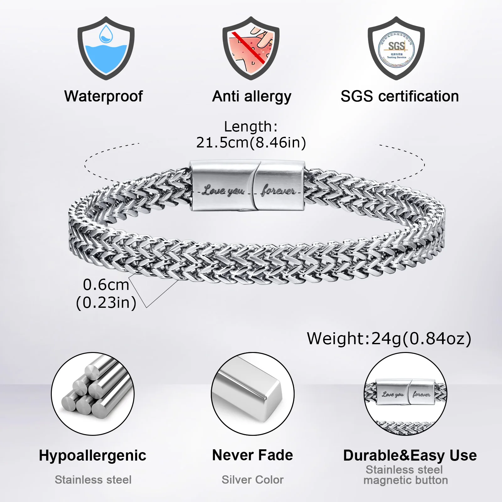 ‌Vnox 6mm Wide Stainless Steel Curb Chain Bracelet for Men, Heavy Duty Cuban Link Magnetic Clasp Wristband, Punk Style Jewelry