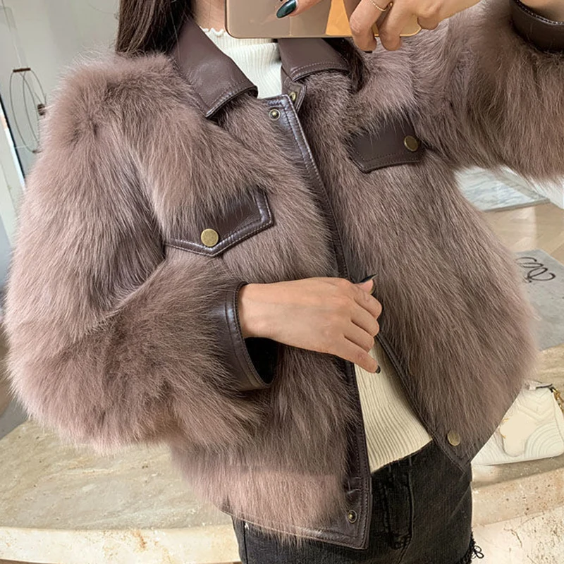 Pop Winter Warm Faux Fur Coats Women Nice Pu Leather Patchwork Cropped Jacket Woman Motocycle Style Turn Down Collar Jackets