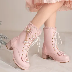 Fashion Bowknot Girls Lolita Boots Pearl Ruffles Women Platform Chunky Heel Ankle Boots Girls Princess Cosplay Party Shoes 28-43