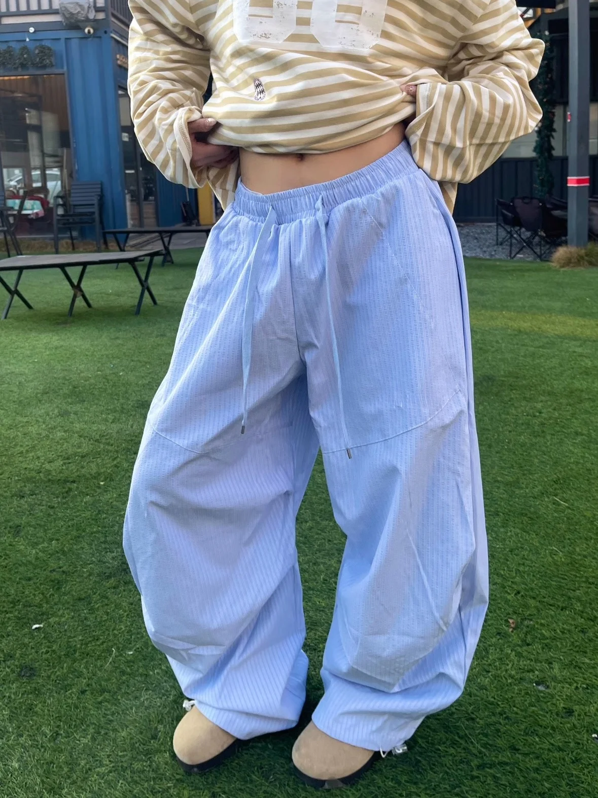 

Blue Striped Workwear Casual Pants Women's Loose Wide Leg Elastic Waist Sports Trousers Street Style Long Straight Tube Pants