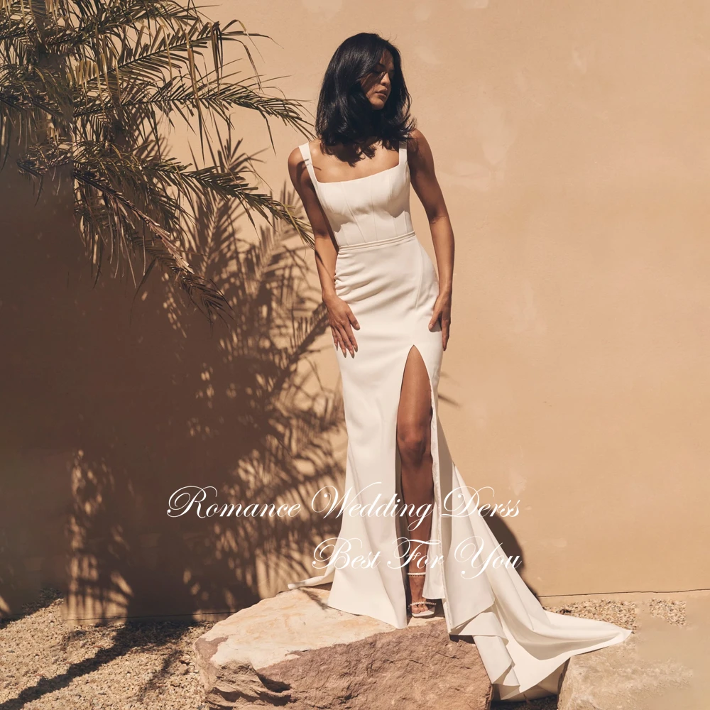 Moderne Quadrat Kragen Meerjungfrau Hochzeit Kleid Frauen Hohe Schlitz Ärmellose Spaghetti-trägern Open Back Vestidos De Novia Angepasst