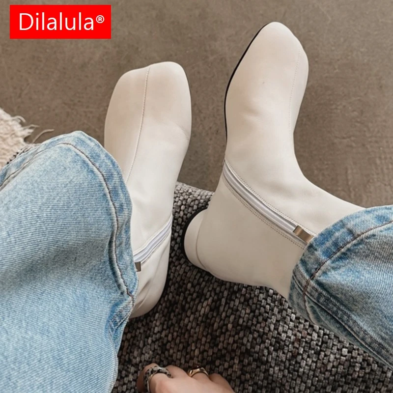 

Dilalula 2025 классические короткие ботильоны из натуральной кожи, женские модные ботильоны на низком каблуке для женщин, повседневные белые ботинки, прогулочная обувь