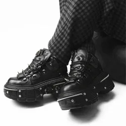 Spike Rivets Punk Women Shoes Metal Decor Combat Platform Sneakers For Girls New Gothic Black Shoes Men's Casual Flat Sneakers