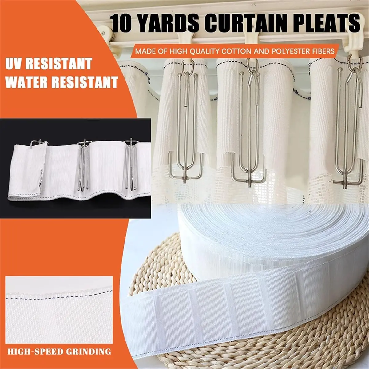 Time Saving 61Pcs Curtain Pleat Tape Set with Stainless Steel Hooks and Rings Including Curtain Heading Tape 10 Yard/9.2 Meters