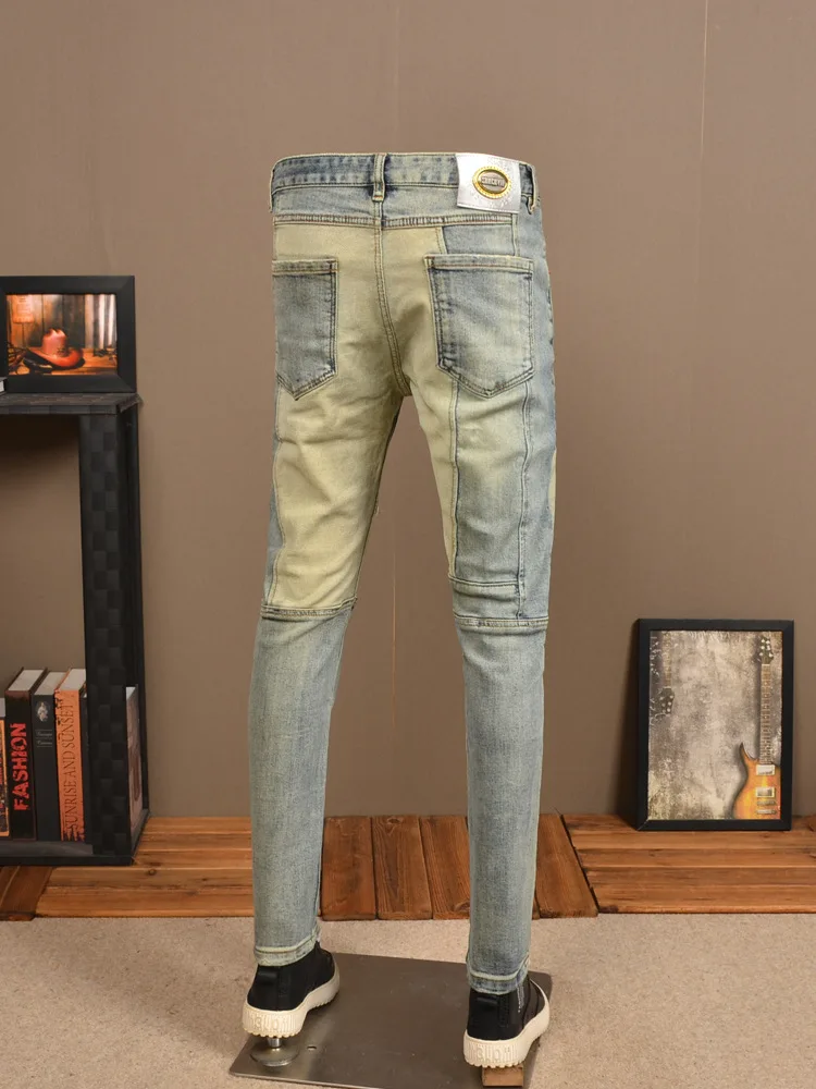 Nostalgic Retro Yellow Mud Color Ripped Stitching Jeans Men's Fashion Elastic Slim Fit Skinny Stitching Motorcycle Style Pants
