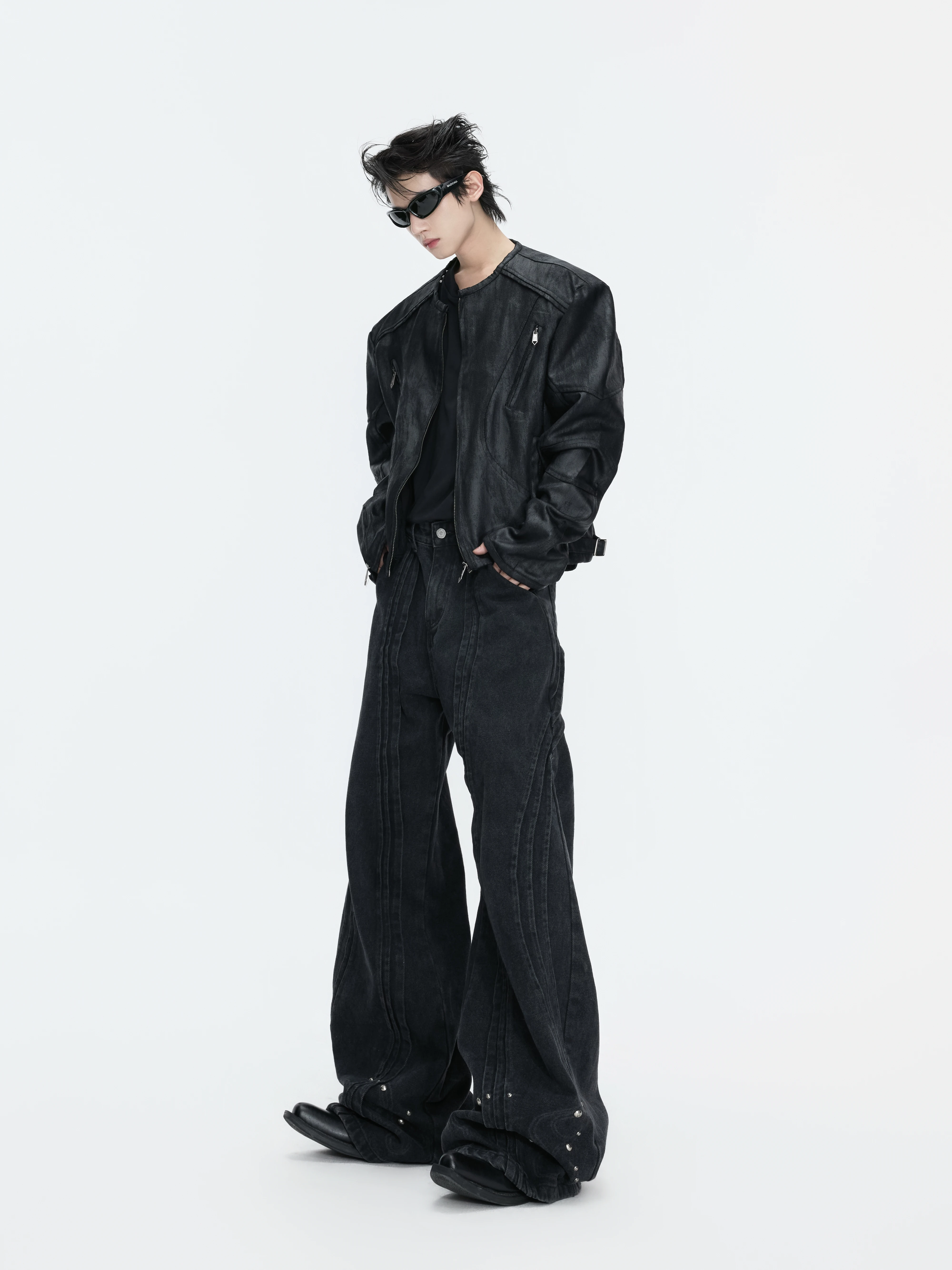 Argue Heavyweight 3D Deconstructed Bone Strip Washed Vintage Jeans Laser Etched Rivet A-Line Casual Long Trousers