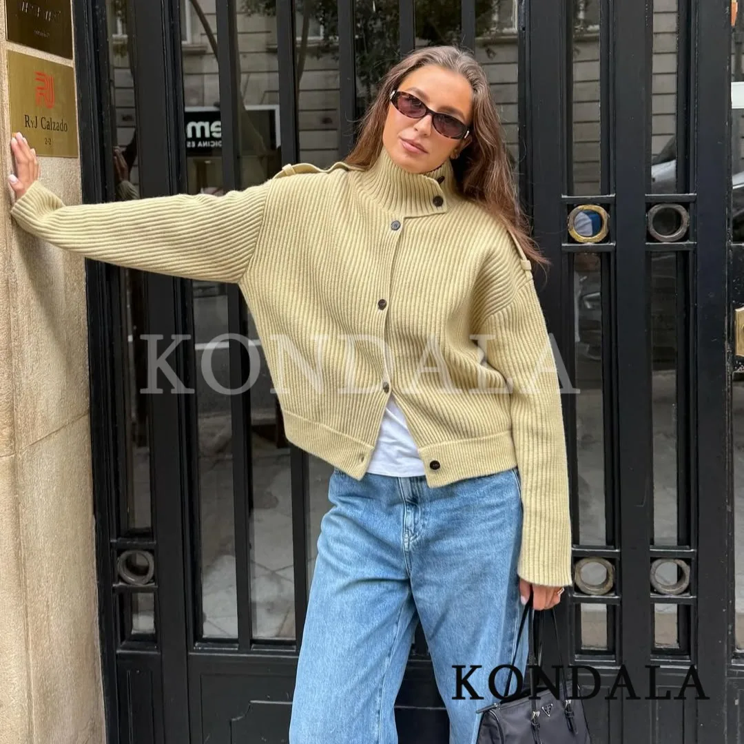 

KONDALA Women Elegant Turtleneck Knitted Sweater Button Cardigan Sweater Tops 2025 Spring Autumn Fashion Commuter Basic Tops