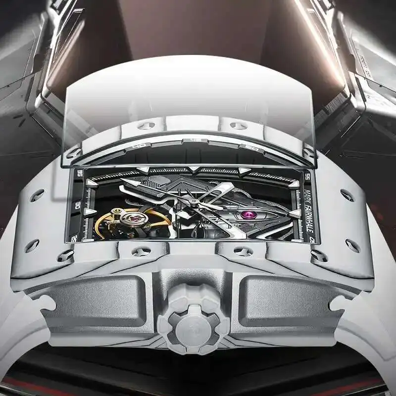 Mark Fairwhale Fashionable Men's Watches Fighter Jet Wine Barrel Rubber Strap Waterproof Tourbillon Mechanical Watch For Men