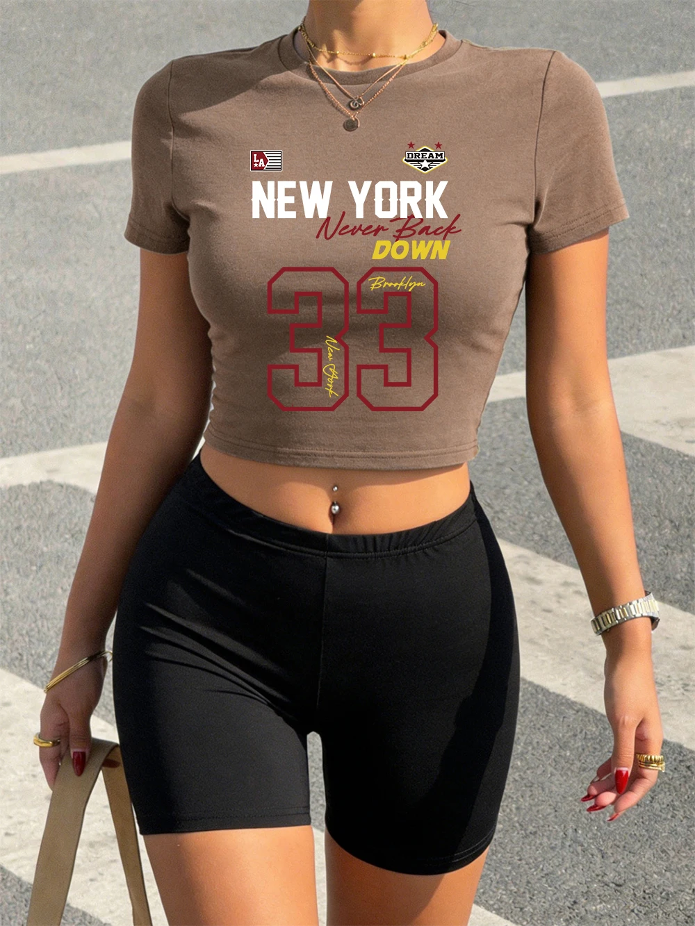 

Sexy New York Never Back Down 33 Print Crop T-Shirt Shorts Woman Two Pieces Set Tops Pants High Elastic Soft Slim O-Neck Clothes