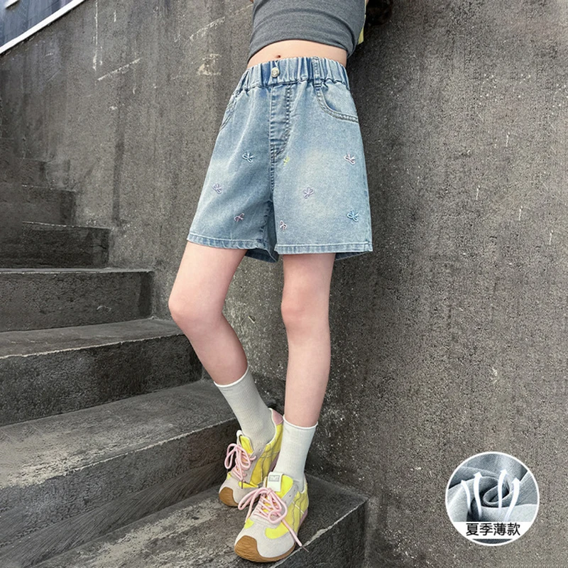 2026 Summer Teen Girls Bow Embroidery Denim Shorts Elastic High Waist Casual Jean Shorts Kids Sweet Loose Wide Leg Short Pants view 5
