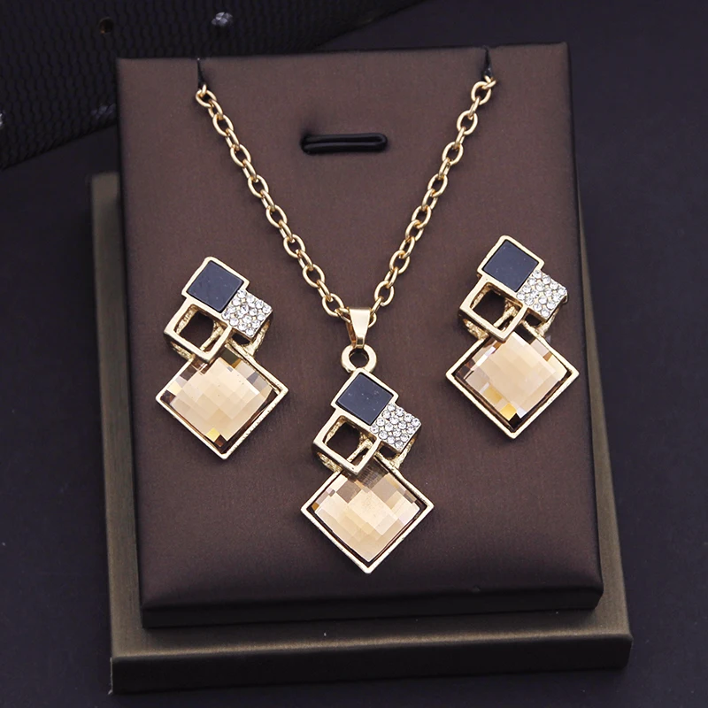 Geometric Square Crystal Jewelry Sets for Women Earrings Pendants Necklace Sets Fashion Accessories