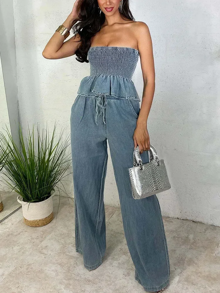 

Elegant Denim Matching Set Outfits for Women Clothing Two Piece Set Clubwear Party Strapless Ruffles Top and Wide Leg Pants Set