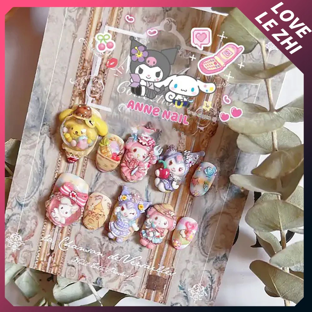 10Pcs Summer High-End Sanrio 3D Mymelody Kuromi Anime Press On Nails Beach Party Handmade Detachable Short Oval Nail Girl Gift