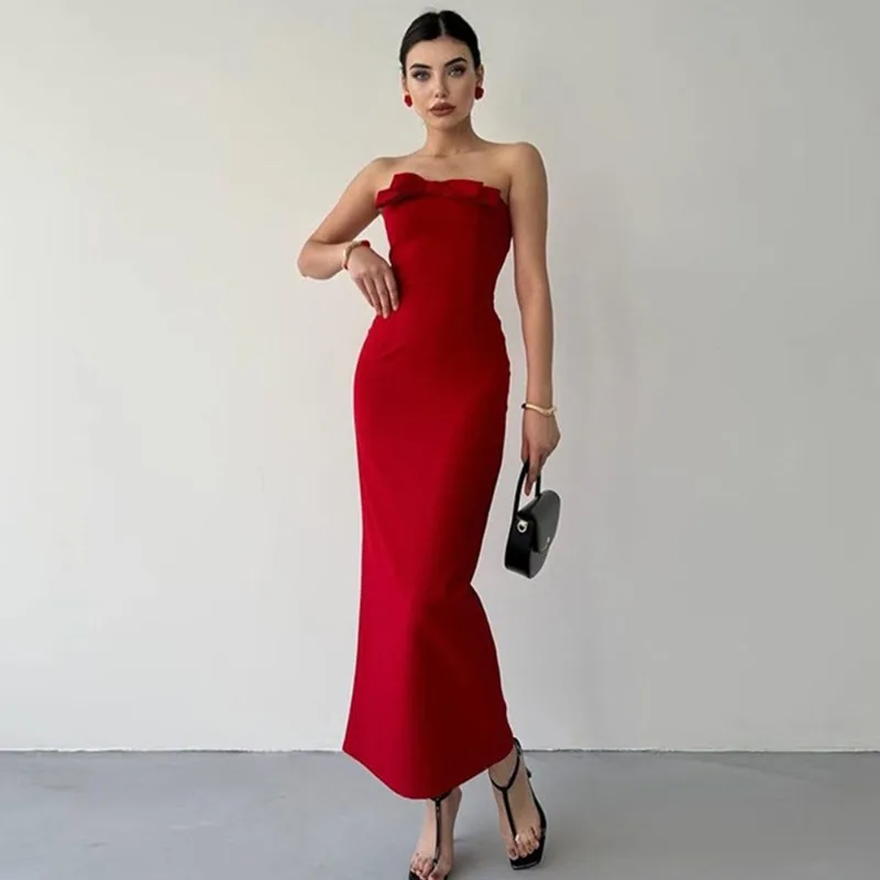 

Talenza Elegant Bow Backless Long Dress Women's Sexy Strapless Slit Evening Gown High Waist Slim Sleeveless Luxury Long Dress