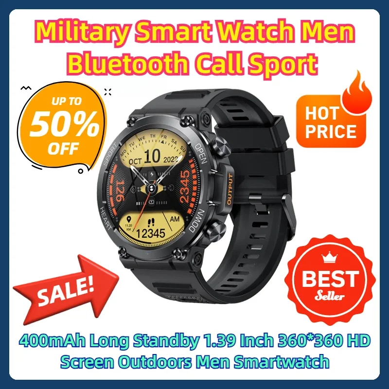 

Military Smart Watch Men Bluetooth Call Sport 400mAh Long Standby 1.39 Inch 360*360 HD Screen Outdoors Men Smartwatch