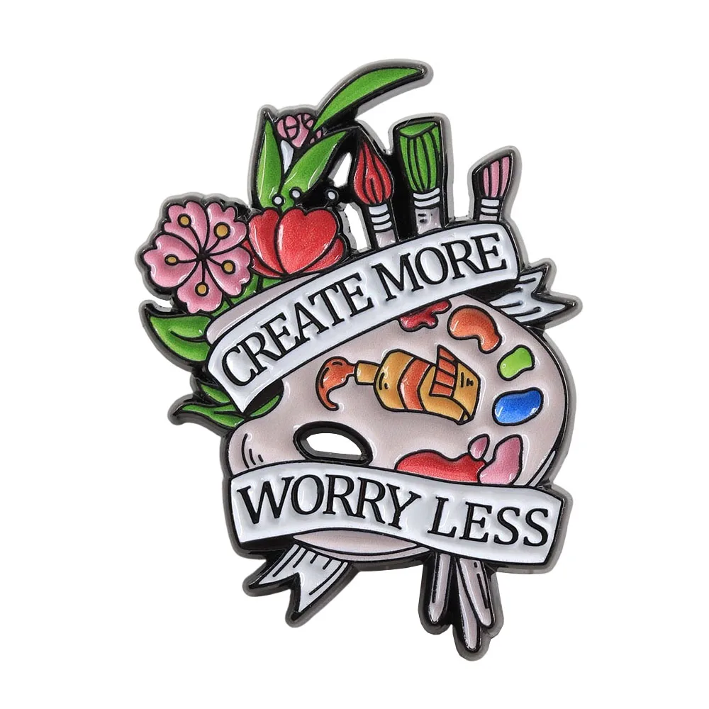 Create More Worry Less Emaille-Anstecknadel Künstlerpalette Pinsel Brosche Blumenkunst-Abzeichen Inspirierendes Zitat Geschenk für Maler Studenten J – Detail 1