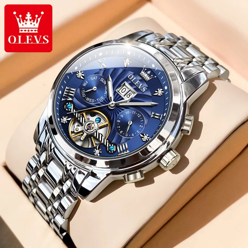 OLEVS Mens Watch Automatic Mechanical Tourbillon Slef-Wind Luxury Stainless Steel Strap Waterproof Luminous Date Wrist Watch