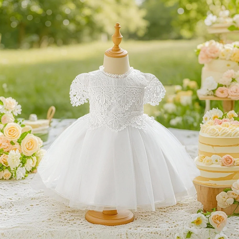 

Girls' casual vacation round neck short sleeved white floral dress charming formal dress perfect for summer outings and beach