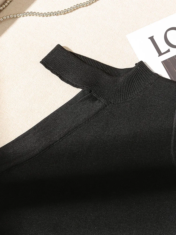 섹시한 슬림핏 어깨 노출 니트 베스트 탑 블라우스 스트랩 디자인 출퇴근용 슬림 길이 폴리에스터 혼방