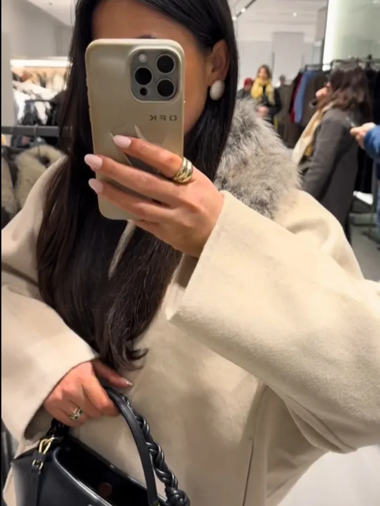 Ladies Cream Faux Fur Collar Blazer Long Sleeve Button Front Pockets Jacket Autumn Winter Daily Office Streetwear Warm Outerwear