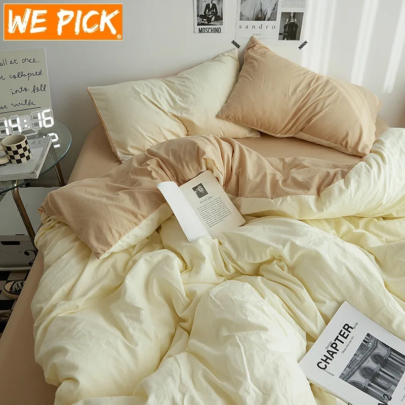 WEPICK Simple Bedding Set, 4 Pieces Bed Set Solid Color Duvet Cover Pillow Case Bed Sheet AB Side Quilt Cover Bedding Linens Set